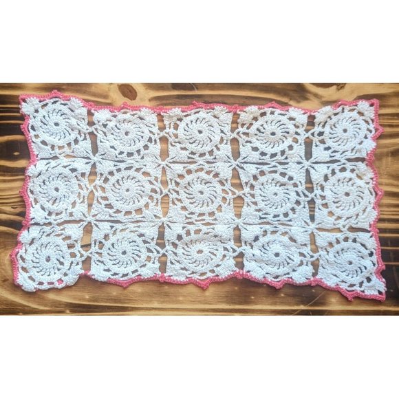 handmade Other - Vintage Rectangular Crocheted Table Scarf Doily White With Pink Edge 13” x 7”